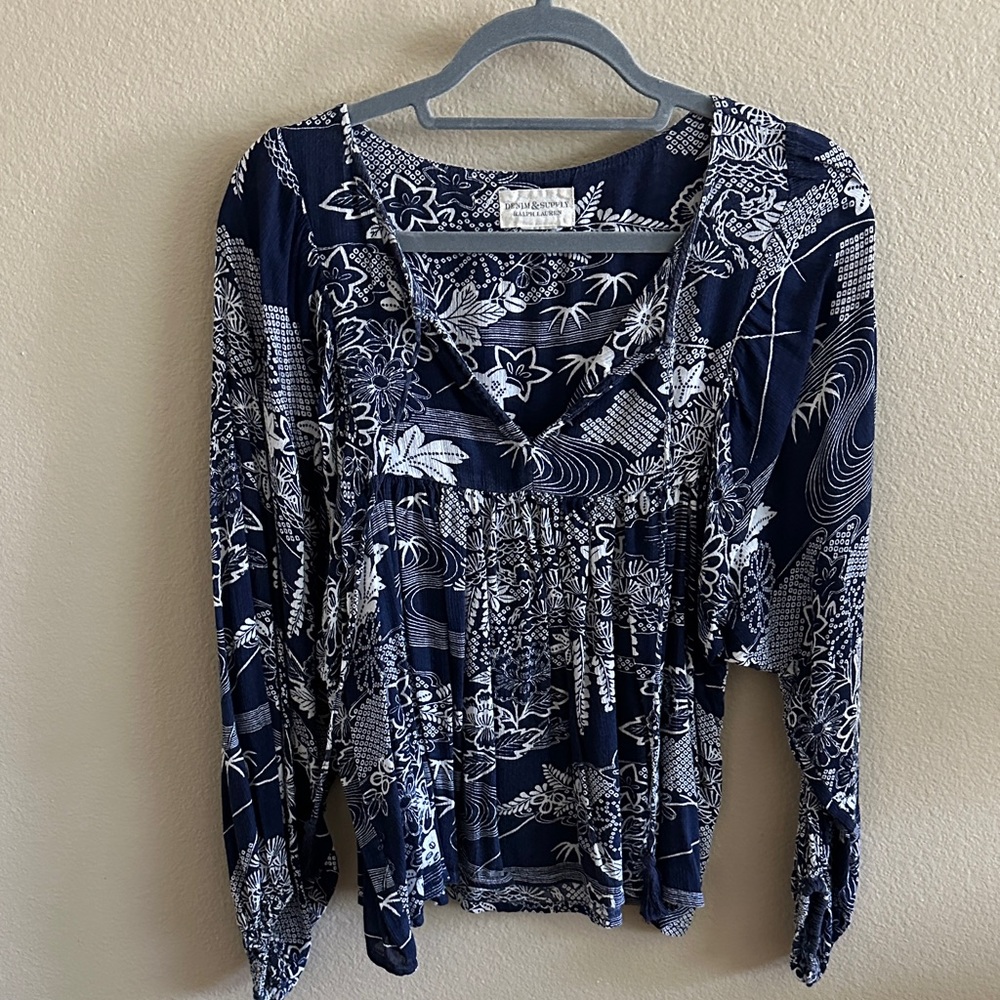 Denim & Supply Ralph Lauren Navy Floral Print Long Sleeve Peasant Top